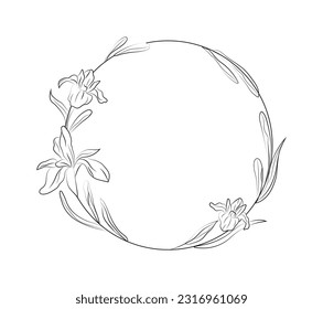 Marco circular floral. Floreciente frontera de línea redonda con iris y hojas para la tarjeta de invitación a la boda. Plantilla para diseño de logotipo y afiches. Ilustración lineal vectorial aislada en fondo blanco