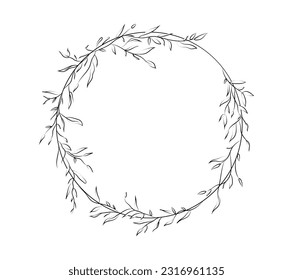 Floral circular frame. Botanical line border with branch and leaves. Design for logo and wedding invitations. Round template for cards. Linear flat vector illustration isolated on white background