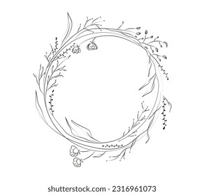 Marco circular floral. Patrón decorativo de línea redonda para tarjetas de felicitación e invitaciones de boda. Borde de plantilla para diseño y logotipo. Ilustración lineal vectorial aislada en fondo blanco