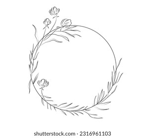 Marco circular floral. Borde redondo vacío con adorno florido para invitaciones de boda. Plantilla con flores para logotipo y postal. Ilustración lineal vectorial aislada en fondo blanco