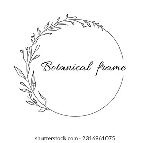 Floral circular frame. Gentle blooming border for logo design and wedding invitations. Festive round template with text and leaves. Linear flat vector illustration isolated on white background