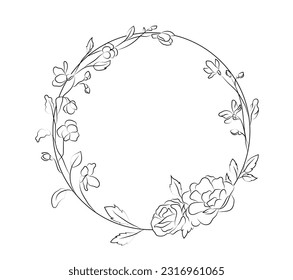 Marco circular floral. Borde suave de línea redonda con rosas y hojas para tarjetas de boda y logotipo. Plantilla para el diseño de afiches. Ilustración lineal vectorial aislada en fondo blanco