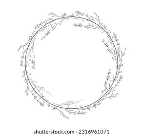 Marco circular floral. Suave plantilla redonda para la invitación a la boda y el logotipo. Borde de línea floreciente con flor para tarjeta de saludo. Ilustración lineal vectorial aislada en fondo blanco