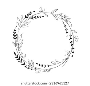 Floral circular frame. Gentle round border for wedding invitation and logo design. Blooming pattern with flowers and foliage in hand drawn. Linear flat vector illustration isolated on white background