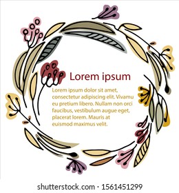 Floral circular frame with the place for your text. Template for greeting card, flyer, invitation