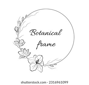 Blumenrunder Rahmen. Rundlinie mit Blütenpflanze und Vorlagentext. Dekorative Grenze für Hochzeitseinladungen und Poster. Lineare flache Vektorgrafik einzeln auf weißem Hintergrund