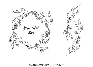 Floral circular frames. Graceful wreaths of wild flowers and leaves. Black and white illustration. Cute little leaf frame. For wedding invitations, save the date cards. Vector Artwork