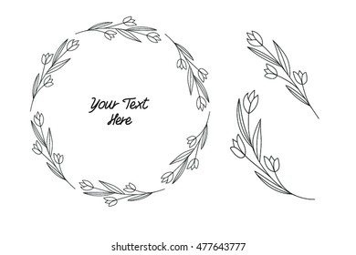 Floral circular frames. Graceful wreaths of wild tulips and leaves. Black and white illustration. Cute little leaf frame. For wedding invitations, save the date cards. Vector Artwork