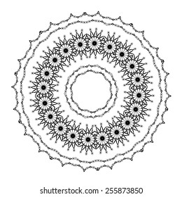 Floral circular monochromatic lace pattern. Vintage style with many small triangles.Can be used for invitation, menu, card design, pillow design, banners, signs and others. Eps 10.