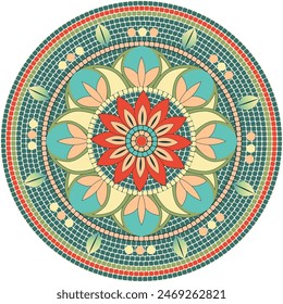 Floral circular mosaic design in soft red, cyan and green colors. For ceramics, tiles, ornaments, backgrounds and other projects. Vector, can be used for printing.	
