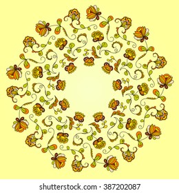 Floral circular Ornament in Eastern style, colorful, beige, traditional pattern, postcard, Wallpaper, wrapping paper, invitations, holiday.