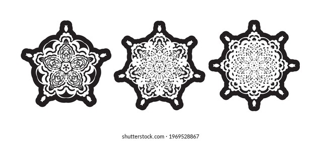 Floral circular ornament set, filled silhouette. Isolated on white background. 