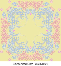 Floral circular pattern,, doodles,leaves, branches,  stylized flowers . Hand drawn.