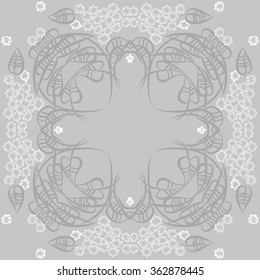 Floral circular pattern,, doodles,leaves, branches,  stylized flowers . Hand drawn.