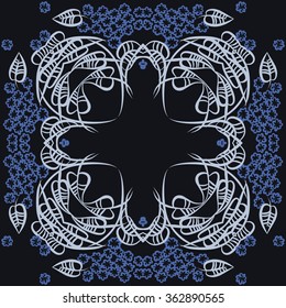 Floral circular pattern, doodles,leaves, branches,  stylized flowers . Hand drawn.