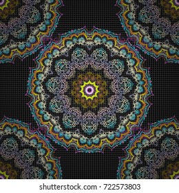 Floral, circular seamless pattern on a black checkered background.