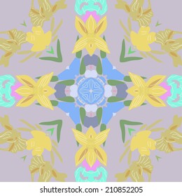 Floral circular seamless pattern of yellow flowers on a light pale violet  background. Handmade.