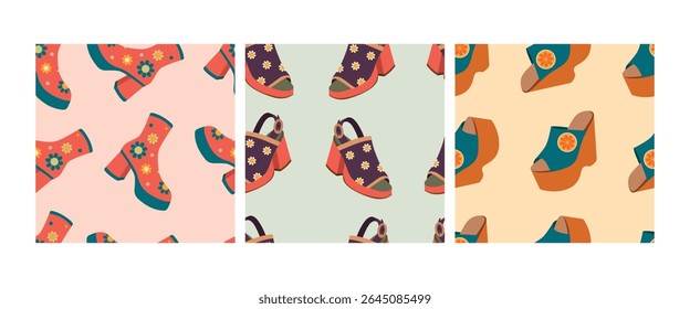 Floral and Citrus Shoe Pattern Set Vector Illustrations.