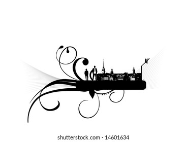 floral city and man on white background, poster