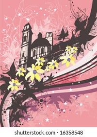 Floral cityscape background with grunge details. Vector illustration.