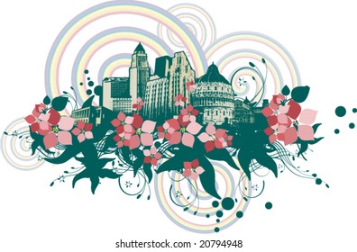 Floral cityscape background with grunge details. Vector illustration.