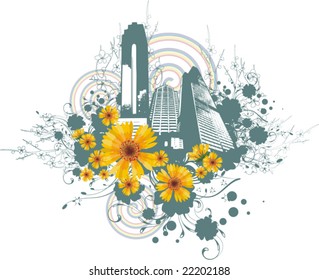 Floral cityscape background with grunge details. Vector illustration.