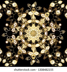 Floral classic texture. Seamless pattern golden elements. Vector illustration. Gold template. Royal retro on black and beige colors. Design vintage for card, wallpaper, wrapping, textile.