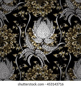 Floral classic texture. Seamless pattern golden elements. Design vintage for card, wallpaper, wrapping, textile. Vector illustration. Royal retro background. Gold template.