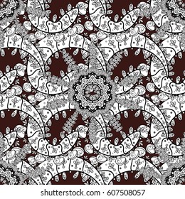 Floral classic texture. Seamless pattern white elements. Royal retro on brown background. Design vintage for card, wallpaper, wrapping, textile. Gray template. Vector illustration.