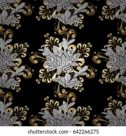 Floral classic texture. Vector illustration. Royal retro background. Gold template. Design vintage for card, wallpaper, wrapping, textile. Seamless pattern golden elements.