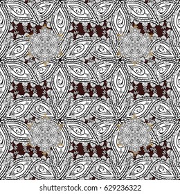Floral classic texture. White template. Vector illustration. Seamless pattern white elements. Royal retro on brown background. Design vintage for card, wallpaper, wrapping, textile.