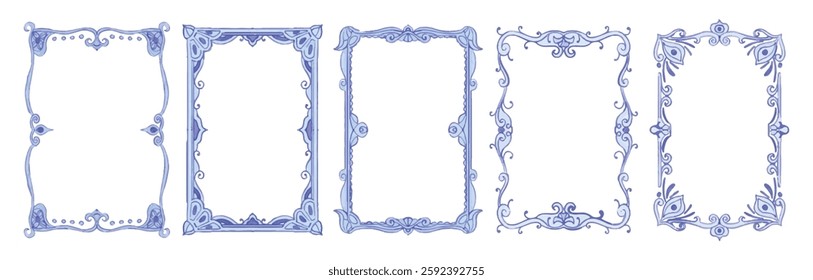 Floral classic and vintage blue frame. Eastern design of borderline, antique frame vector set for decorative invitations, card, label and more