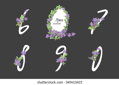 Floral clematis collection numbers in vintage color. Six, seven, eight, nine, zero- signs vector