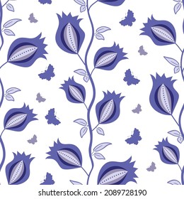 Floral climbers and butterflies seamless vector pattern background. Climbing flowers on vine backdrop in periwinkle violet purple. Vertical columns of trailing leaves and blossoms. Botanical repeat.