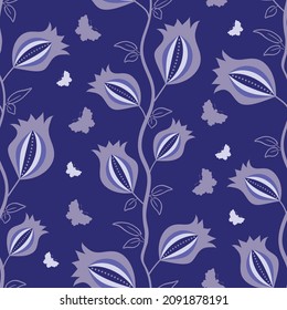 Floral climbers and butterflies seamless vector pattern background. Climbing flowers on vine backdrop in periwinkle violet purple. Vertical columns of trailing leaves and blossoms. Botanical repeat