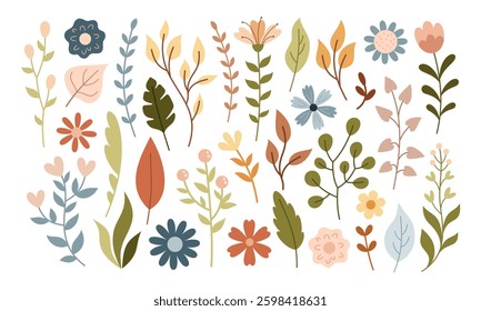 Floral clipart set, boho flowers, leaves and branches, hand drawn seasonal objects. Vector illustration in flat style