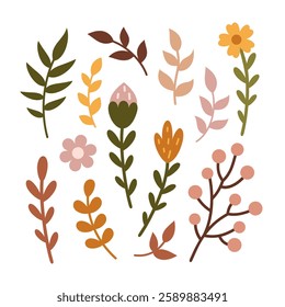 Floral clipart set, branches and flowers, hand drawn seasonal objects. Vector illustration in flat style