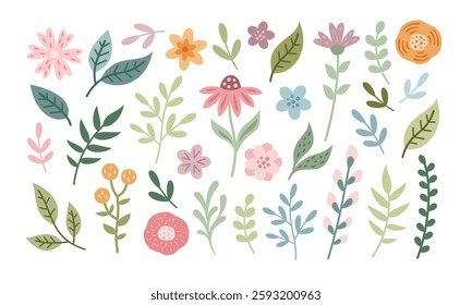 Floral clipart, spring leaves, flowers, branches. Summer floral clip art. Cute hand drawn seasonal objects. Vector illustration in flat style
