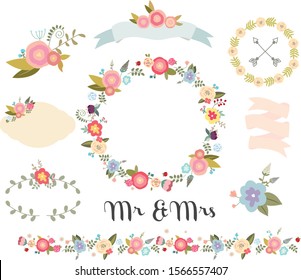 Floral clipart, floral wedding wreath, floral frame, arrows, ribbons, flowers