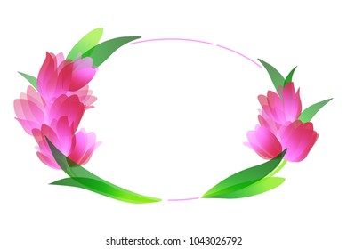 Floral closed frame of pink tulips on white background vector illustration.