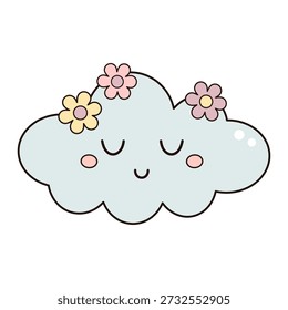 Clipart floral de la nube con la cara linda. Personaje celestial de dibujos animados. Ilustración vectorial.