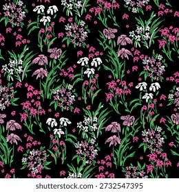 Floral cluster pattern with leaves. Liberty pattern. Ready to repeat coloring. Perfect for printing on flowy fabrics. All over and vector design