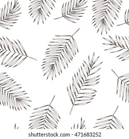 Floral coconut leaves seamless pattern. Hand drawn monochrome background for textile design, postcards, apparel prints. Vintage vector illustration.