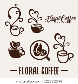 Floral coffee shop logo template natural abstract coffee cup with steam coffee house emblem creative cafe logotype modern trendy symbol design vector illustration
