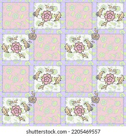 Floral collage seamless pattern with hand drawn flowers and geometric square tiles. Contemporary patchwork design.