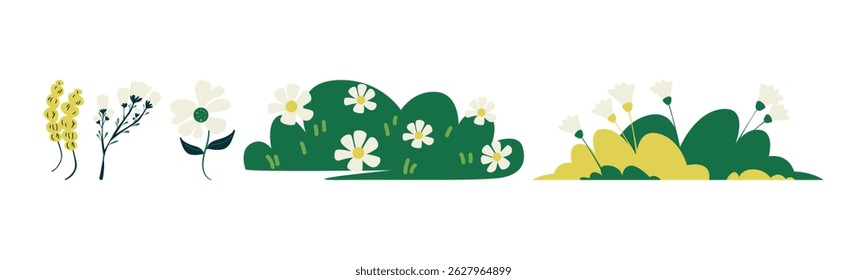 Floral collection of botanical elements: flowers, branches, grass, leaves, and other plants. Ideal for invitations, greeting cards, and other designs.