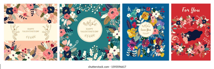 Floral collection of cards, invitations, posters. Valentines Day greetings. Set of Valentines day cards. Vector illustration of girl in love. Flyer, card, banner, brochure