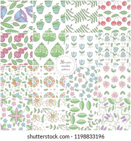 Floral collection of elegant seamless patterns.  Set of 16 color paper prints.