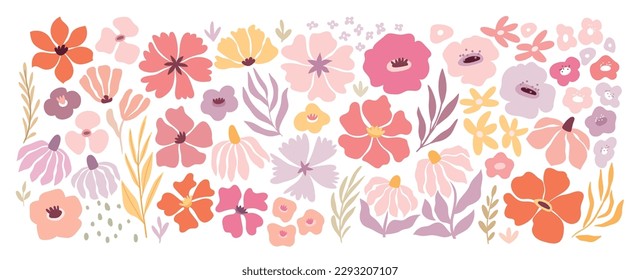 Floral collection with flowers, leaves for your design. Hand drawn set, boho groovy style. Vector illustration.