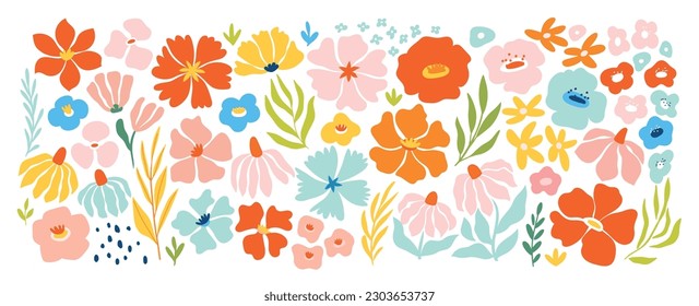 Colección floral con flores, hojas para tu diseño. Conjunto dibujado a mano, estilo groovy boho. Ilustración vectorial.